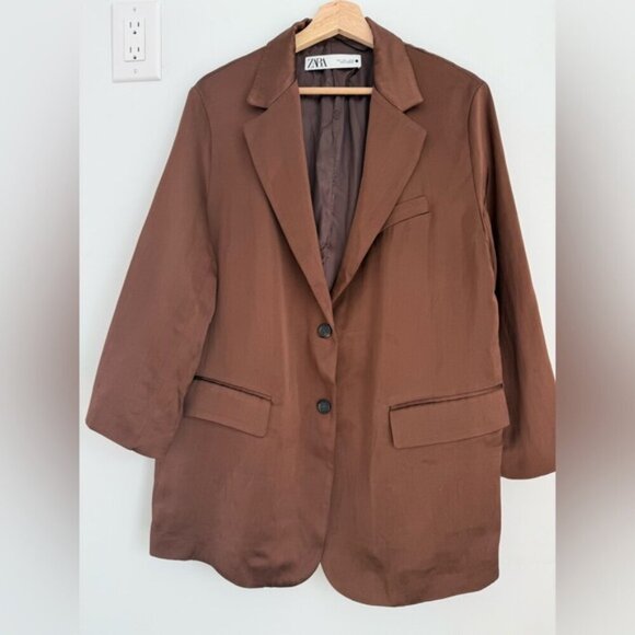 ZARA Brown Satin Linen Blazer size L - Picture 6 of 16